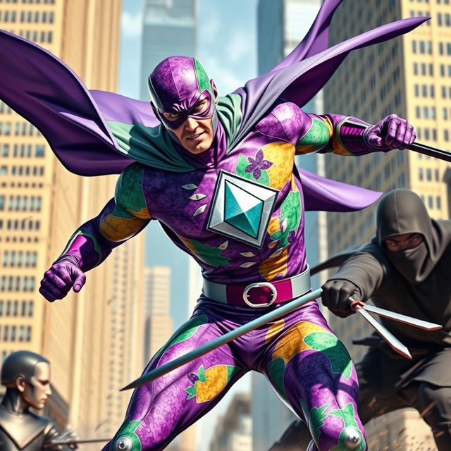 A dynamic scene featuring a superhero wearing a vibrant suit adorned with purple, green, yellow, and watercolor patterns