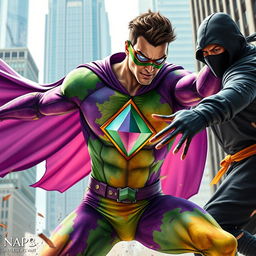 A dynamic scene featuring a superhero wearing a vibrant suit adorned with purple, green, yellow, and watercolor patterns