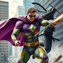 A dynamic scene featuring a superhero wearing a vibrant suit adorned with purple, green, yellow, and watercolor patterns