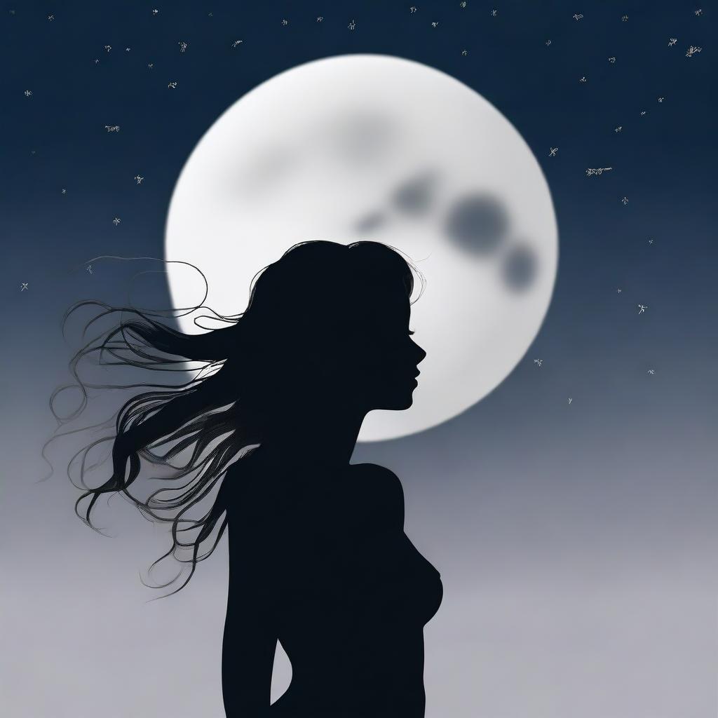 This is a high-quality digital art image capturing the silhouette of a woman gazing at the full moon