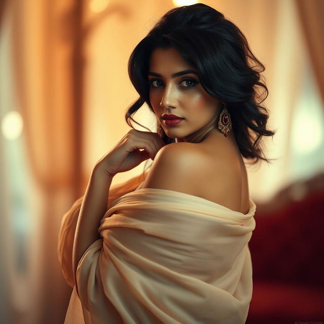 A sensual, artistic portrait of a woman inspired by Poonam Pandey, posed in an elegant and tasteful manner that showcases her confidence and beauty