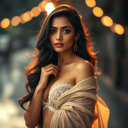 A sensual, artistic portrait of a woman inspired by Poonam Pandey, posed in an elegant and tasteful manner that showcases her confidence and beauty