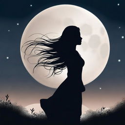 This is a high-quality digital art image capturing the silhouette of a woman gazing at the full moon