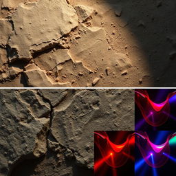 A textured surface of rough and smooth stone, illuminated from three different angles to showcase its intricate details