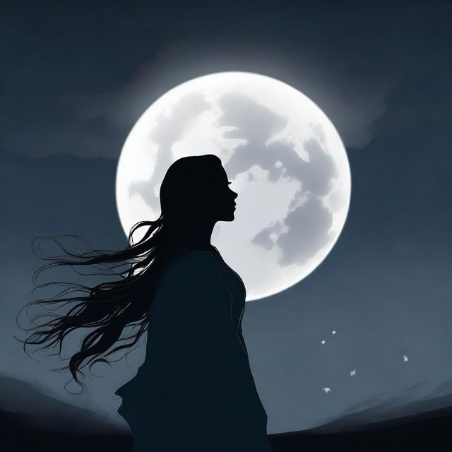 This is a high-quality digital art image capturing the silhouette of a woman gazing at the full moon