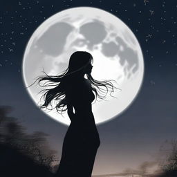 This is a high-quality digital art image capturing the silhouette of a woman gazing at the full moon