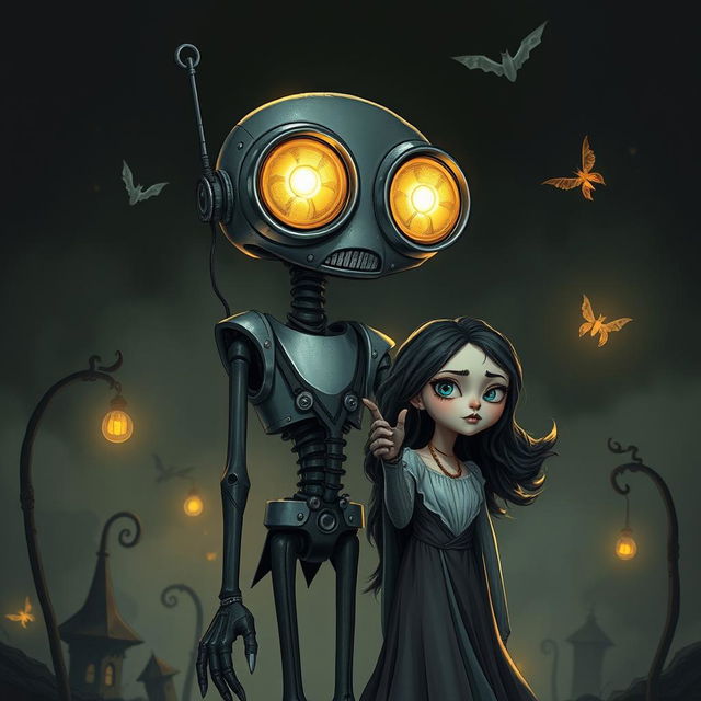 A captivating image of a cyborg with two enormous headlights for eyes, accompanied by a woman, illustrated in the distinctive Tim Burton animation style