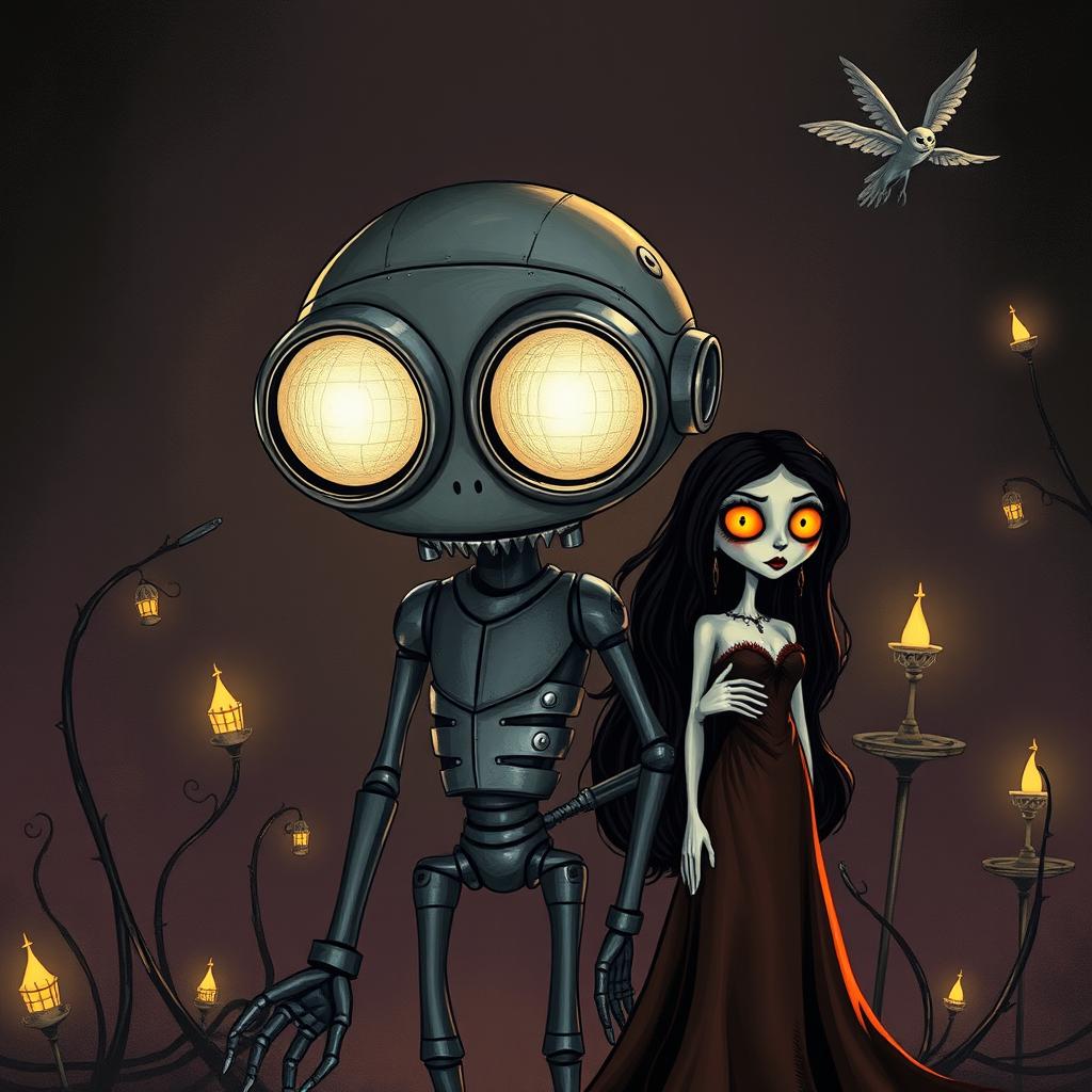 A captivating image of a cyborg with two enormous headlights for eyes, accompanied by a woman, illustrated in the distinctive Tim Burton animation style