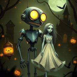A captivating image of a cyborg with two enormous headlights for eyes, accompanied by a woman, illustrated in the distinctive Tim Burton animation style