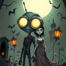 A captivating image of a cyborg with two enormous headlights for eyes, accompanied by a woman, illustrated in the distinctive Tim Burton animation style