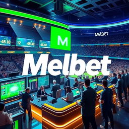 A modern and sleek representation of the Melbet Company logo, integrated into a vibrant sports betting environment