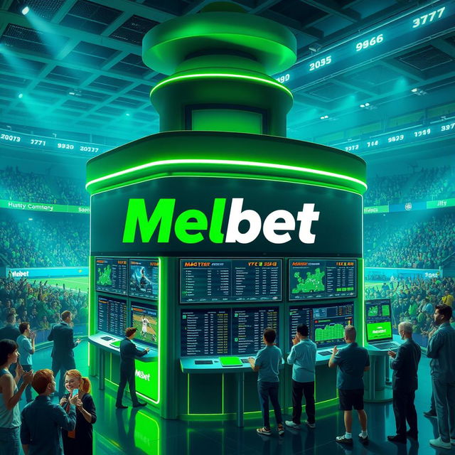 A modern and sleek representation of the Melbet Company logo, integrated into a vibrant sports betting environment