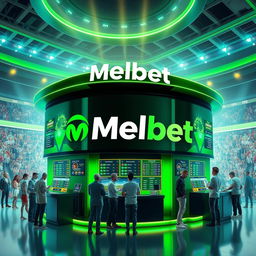 A modern and sleek representation of the Melbet Company logo, integrated into a vibrant sports betting environment