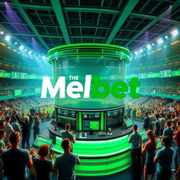 A modern and sleek representation of the Melbet Company logo, integrated into a vibrant sports betting environment