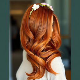 A stylish and contemporary hairstyle featuring long flowing waves, vibrant auburn color, and soft highlights