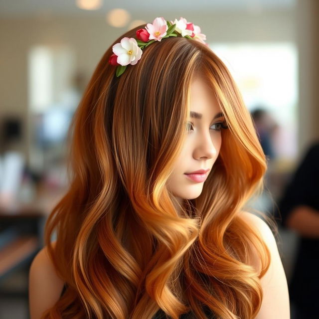 A stylish and contemporary hairstyle featuring long flowing waves, vibrant auburn color, and soft highlights