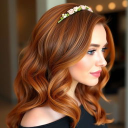 A stylish and contemporary hairstyle featuring long flowing waves, vibrant auburn color, and soft highlights