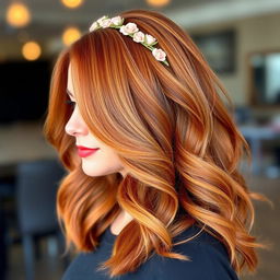 A stylish and contemporary hairstyle featuring long flowing waves, vibrant auburn color, and soft highlights