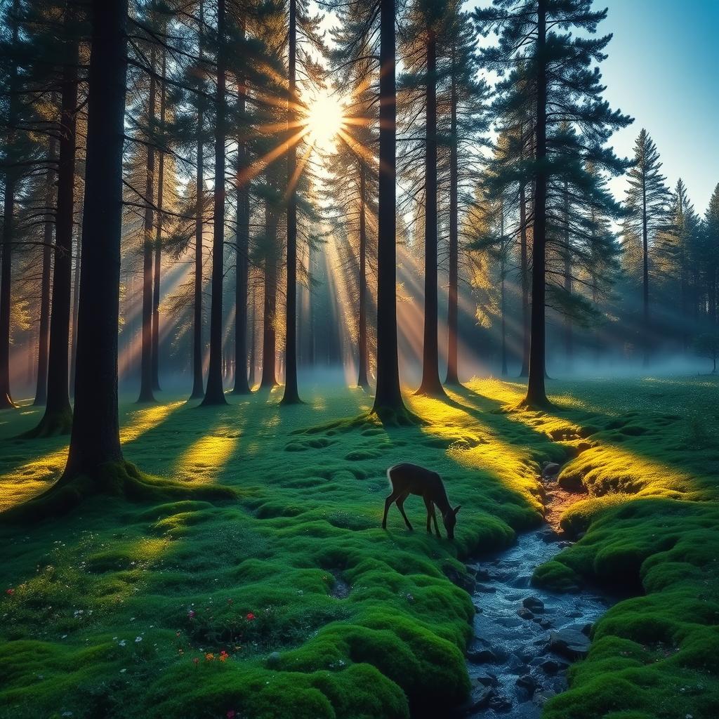 A serene forest scene at dawn, with sunlight streaming through tall, majestic pine trees, illuminating a carpet of vibrant green moss and colorful wildflowers