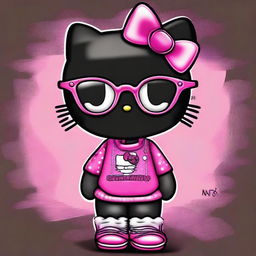 A digital art image of a Negra Hello Kitty donning stylish glasses