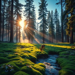 A serene forest scene at dawn, with sunlight streaming through tall, majestic pine trees, illuminating a carpet of vibrant green moss and colorful wildflowers