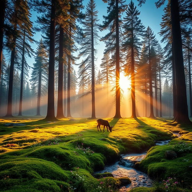 A serene forest scene at dawn, with sunlight streaming through tall, majestic pine trees, illuminating a carpet of vibrant green moss and colorful wildflowers