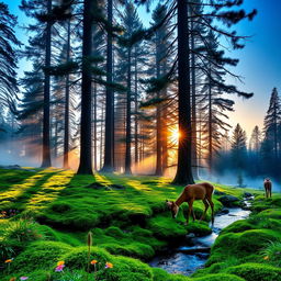 A serene forest scene at dawn, with sunlight streaming through tall, majestic pine trees, illuminating a carpet of vibrant green moss and colorful wildflowers