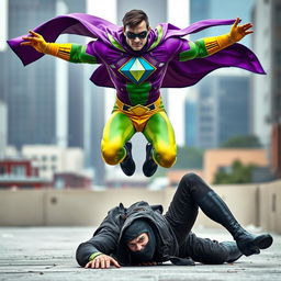 A heroic scene featuring a superhero in a vibrant costume with a diamond emblem prominently displayed in the center of his chest