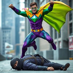 A heroic scene featuring a superhero in a vibrant costume with a diamond emblem prominently displayed in the center of his chest