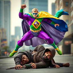 A heroic scene featuring a superhero in a vibrant costume with a diamond emblem prominently displayed in the center of his chest
