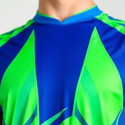 A close-up of a vibrant blue and green sports jersey, featuring bold patterns and high-quality fabric textures