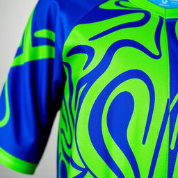 A close-up of a vibrant blue and green sports jersey, featuring bold patterns and high-quality fabric textures
