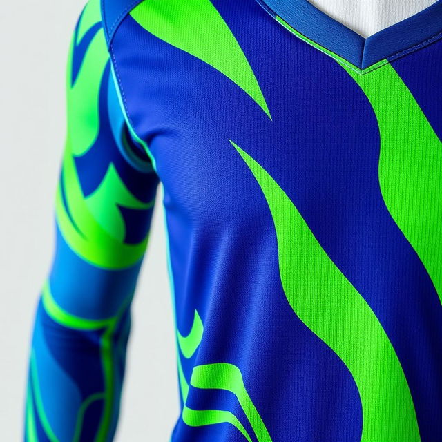 A close-up of a vibrant blue and green sports jersey, featuring bold patterns and high-quality fabric textures