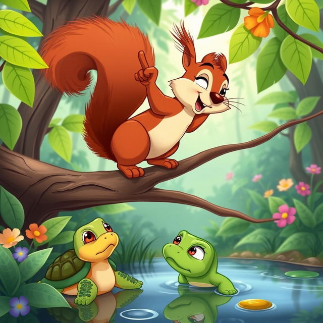 A cartoon scene depicting a vibrant setting in a forest