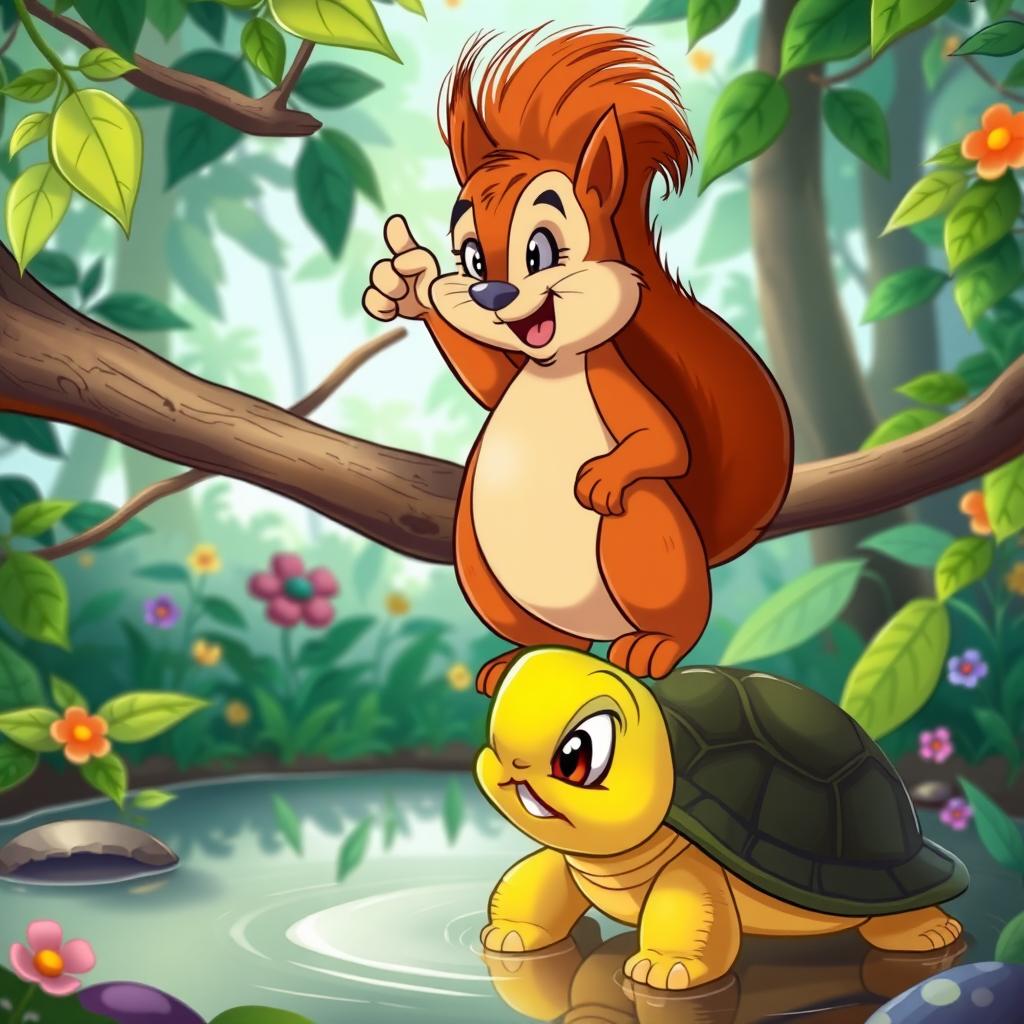 A cartoon scene depicting a vibrant setting in a forest