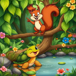 A cartoon scene depicting a vibrant setting in a forest