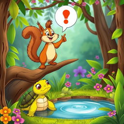 A cartoon scene depicting a vibrant setting in a forest
