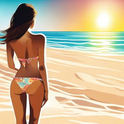 A high-quality digital art image captures a woman's back view, as she sports a stylish bikini