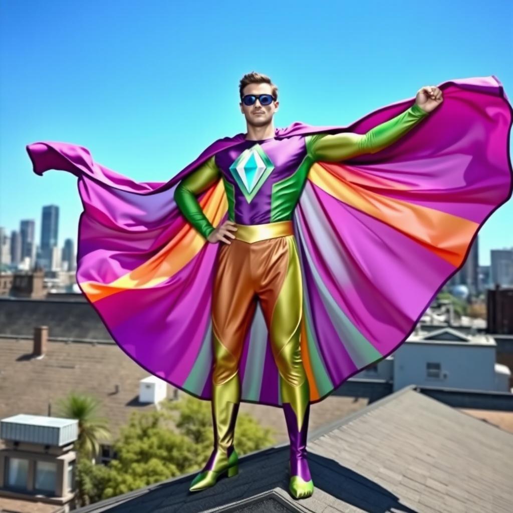 A superhero standing heroically on the roof of a house, wearing a vibrant and flowing dress