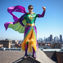 A superhero standing heroically on the roof of a house, wearing a vibrant and flowing dress