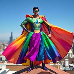 A superhero standing heroically on the roof of a house, wearing a vibrant and flowing dress