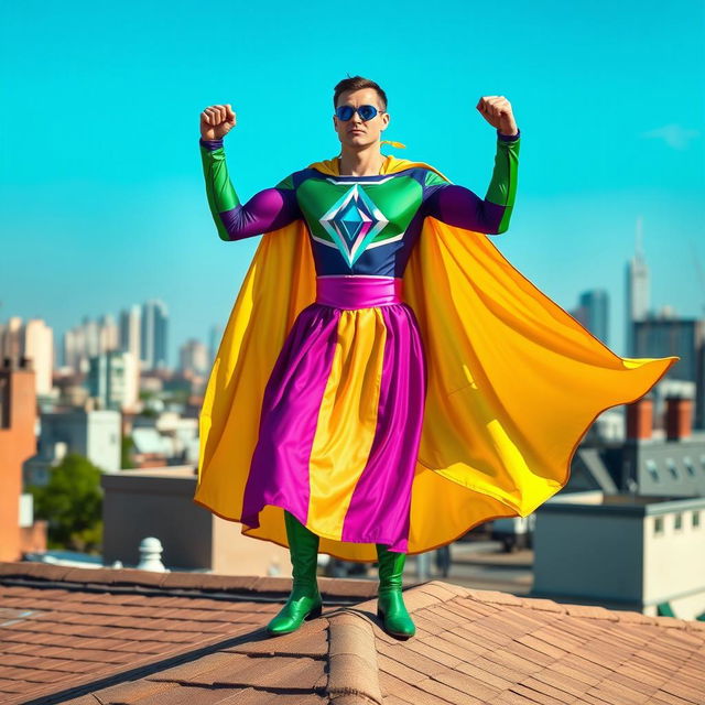 A superhero standing heroically on the roof of a house, wearing a vibrant and flowing dress