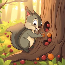 A cartoon-style illustration of a squirrel gathering nuts and berries