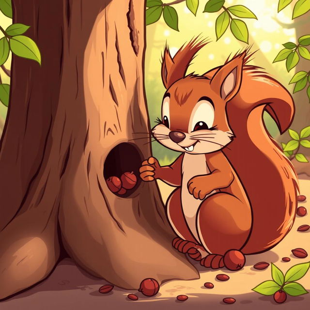 A cartoon-style illustration of a squirrel gathering nuts and berries