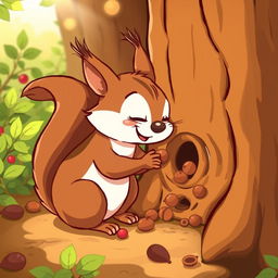 A cartoon-style illustration of a squirrel gathering nuts and berries