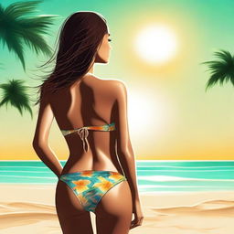 A high-quality digital art image captures a woman's back view, as she sports a stylish bikini