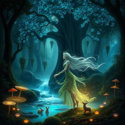 A fantasy forest scene, featuring a majestic, towering tree with bioluminescent blue leaves, and a sparkling, magical river flowing nearby