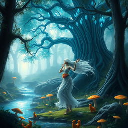 A fantasy forest scene, featuring a majestic, towering tree with bioluminescent blue leaves, and a sparkling, magical river flowing nearby