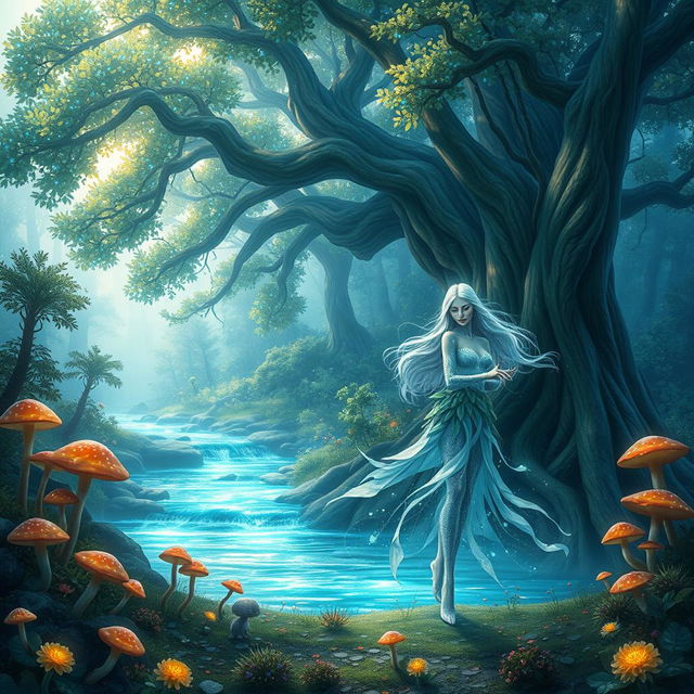 A fantasy forest scene, featuring a majestic, towering tree with bioluminescent blue leaves, and a sparkling, magical river flowing nearby