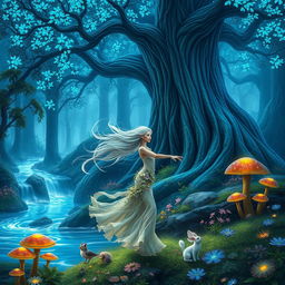 A fantasy forest scene, featuring a majestic, towering tree with bioluminescent blue leaves, and a sparkling, magical river flowing nearby